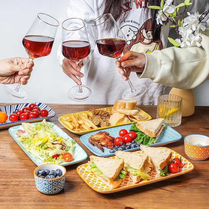 Selamica Ceramic Serving Platters, 12 Inch Serving Trays for Party Entertaining, Large Rectangular Serving Plates, Set of 6, Assorted Colors