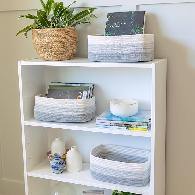 NaturalCozy 13.5”x8.5”x5.5” Rectangle Storage Baskets for Shelves 3 Pack | Cotton Rope Woven Small Baskets for Organizing | Small Storage Bins for Nursery, Bathroom, Closet, Shelf, Decorative