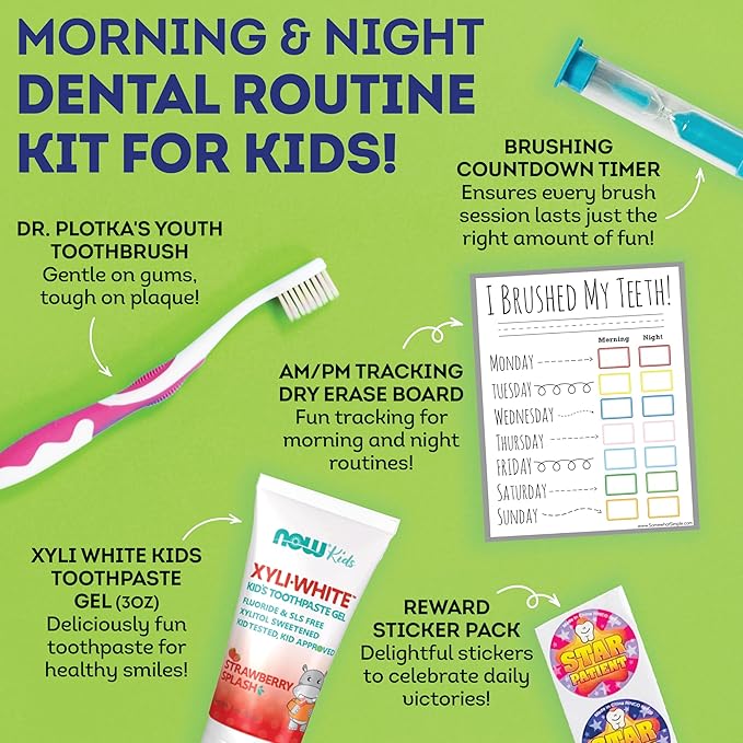 MOUTHWATCHERS Childrens Dental Care Kit: Toothbrush for Kids, 3 oz Strawberry Fluoride Free Toothpaste, Dry Erase Checkboard, Timer, Stickers, Manual Flossing Toothbrushes Gift Set, by Dr. Plotka's