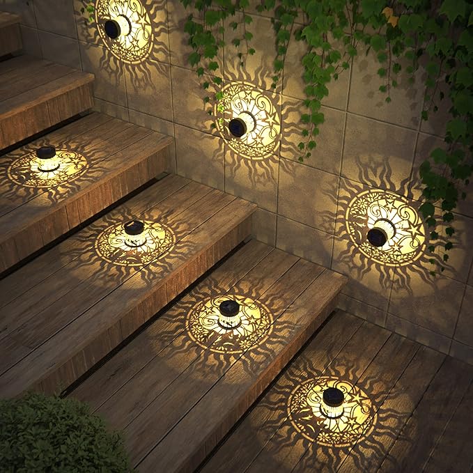 2 Pack Solar Fence Lights Metal Solar Powered Outdoor Wall Deck Lights Sun Moon Theme Waterproof Fence Light for Garden Post Patio Backyard Yard Decor (Face, 2 Pack)