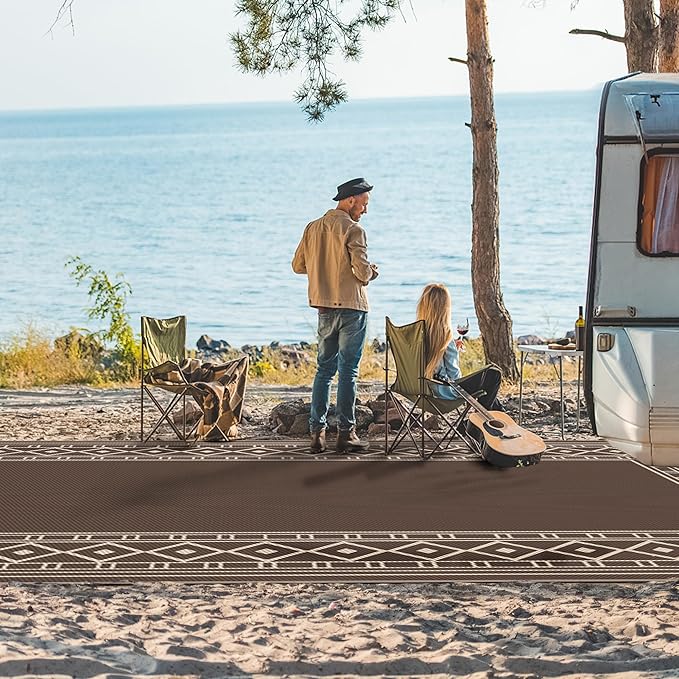 GENIMO Outdoor Rug Waterproof for Patio, 10'x14' Foldable Reversible Plastic Straw Carpet for Travel Trailers, Outside Area Mat for Rv, Deck, Picnic, Porch, Camper, Balcony, Beach, Coffee & Beige