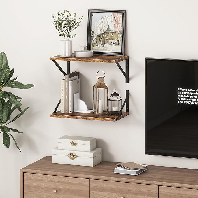 10 Inch Deep Floating Shelves, Floating Shelf 16 Inch Long, 16"W x 10"D Wall Shelves Set of 2, Deep Shelf for Books, Wide Floating Shelves for Bahtoom, Living Room, Kitchen, Rustic Brown