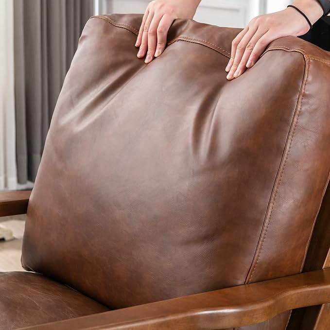 Wahson Brown Leather Mid-Century Modern Accent Chair and Ottoman Set, Retro Upholstered Armchair with Wood Frame and Removable PU Cushions, Large Leisure Slipper Chair for Living Room/Bedroom