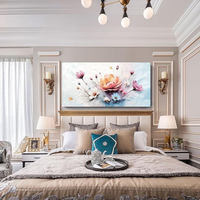 amatop Oversized Wall Art for Living Room Elegant Pink White Blue Floral Art Print Large Abstract Nature Botanical Picture Contemporary Garden Bloom Canvas Decoration Bedroom Office Hallway 58x29 inch