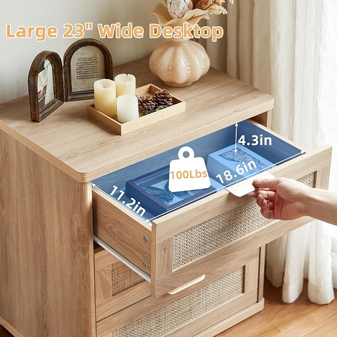 LEYAOYAO Boho Rattan Coffee Table and End Table Sets, 48" Wide Center Tables & 23" Night Stand with 3 Drawers, Natural Wood Coffee Table for Living Room 2 Piece Set