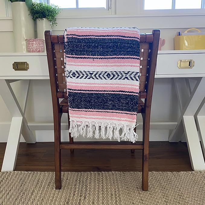 Del Mex Classic Mexican Blanket, Large Authentic Woven Falsa Throw (70"x50"), Artisan Southwest Décor for Beach, Yoga, Outdoors (Pink)