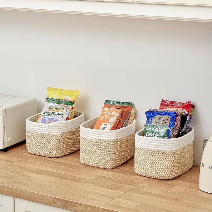 Small Cotton Rope Storage Basket Set of 3-11"x7"x7" Perfect Woven Baskets for Storage, Ideal Storage Baskets for Organizing Toys, Towels, and More - Baskets for Shelves（White & Mixed Camel）