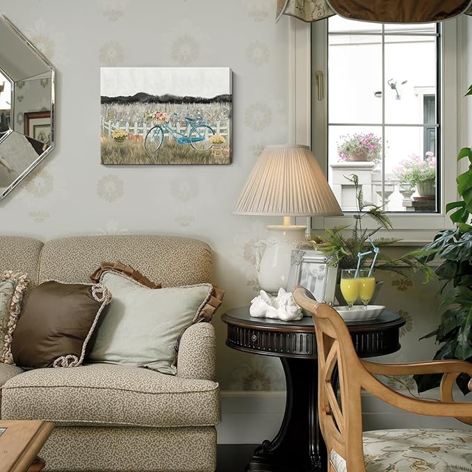 Farmhouse Decor Bathroom Fall Wall Art Vintage Boho Landscape Nature Canvas Picture Mountains, Bicycle Lavender Flowers Floral Neutral Small Artwork for Modern Organnic Country Rustic Cottagecore Bedroom