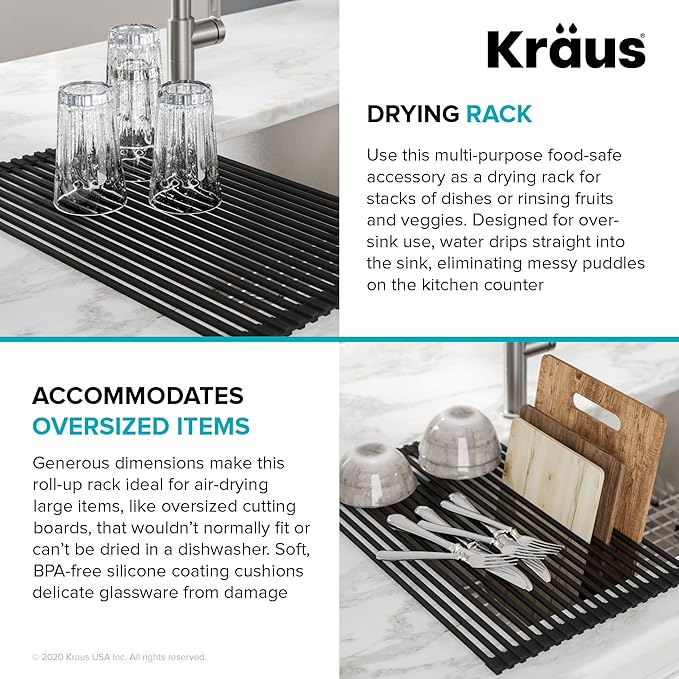 Kraus Roll Up Dish Drying Rack with Self-Draining Silicone Dish Drying Mat and Silicone Soap Dish Holder in Black, KDM-KRM-10BL