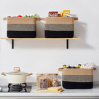 Storage Basket for Organizing, Woven Baskets for Storage, Rectangle Decorative Baskets for Shleves, Closet, Toys, Books, Nursery Organizer Bins - Pack of 3 (Black & Brown)