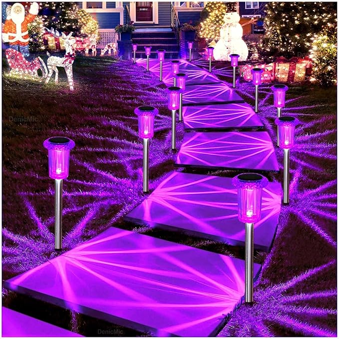 DenicMic Halloween Solar Lights Outdoor 10 Pack Purple LED Waterproof Yard Garden Patio Backyard Pathway Walkway Landscape Path Lawn Outside Halloween Decorations Outdoor