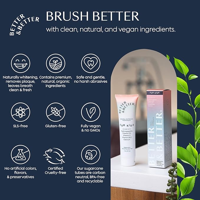 Better & Better Kids Toothpaste | Natural Hydroxyapatite Toothpaste Infused w/Calcium & Vitamins D, E, B12 | Fluoride & SLS Free for Sensitive Brushers | Watermelon Flavor | 3.4oz, 3 Pack