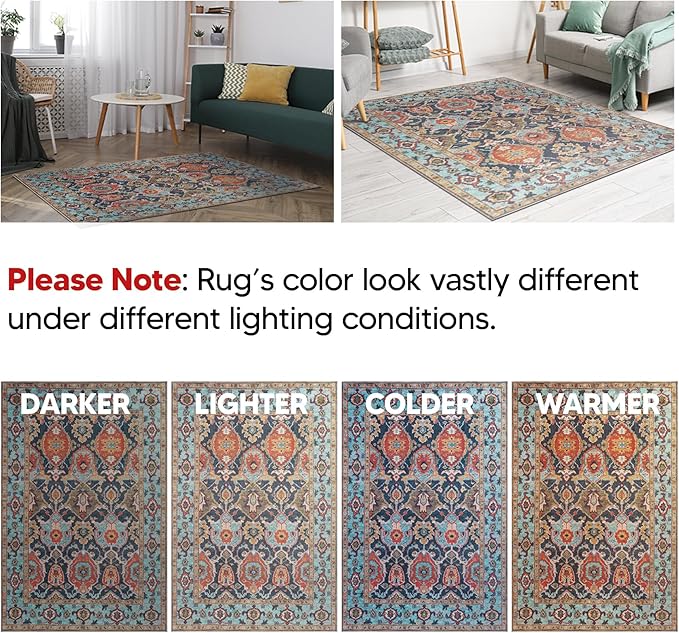 Keen Home Design 4x6 Rug - Machine Washable Area Rug with Non-Slip Backing, Ideal for Living Room, Dining Room, Bedroom - Vintage, Easy Clean, Durable, Low Pile Rug - (4' x 6')