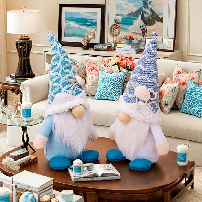 Summer Gnomes Decorations, Beach Gnome Plush Decor for Home Ocean Day Gnomes Tiered Tray Decor Handmade Tomte Swedish Nisse Scandinavian Elf Dwarf,Birthday Gnome Gifts, White