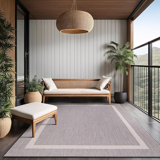 Bordered Outdoor Rug 8x10 Washable Outside Carpet for Indoor Patio Porch Waterproof Easy Cleaning Non Shedding Area Rugs Gray 8 x 10