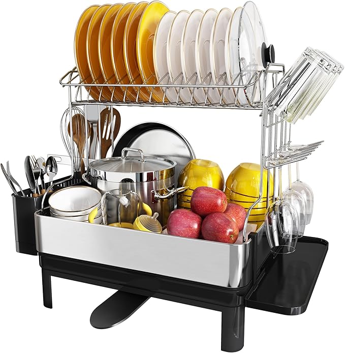 BOOSINY Dish Drying Rack with Drainboard, Stainless Steel Dish Rack, 2 Tier Extra Large Dish Drainer with Cup Holder and Utensil Holder for Kitchen Counter