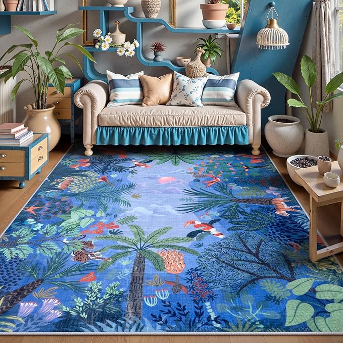 LIVEBOX Washable Jungle Animal Print 5x7 Blue Rug for Living Room, Non-Slip Kids Bedroom Rugs for Boy Playroom Kid Baby Room, Soft Stain Resistant Blue and Green Rug for Nursery Boy Dining