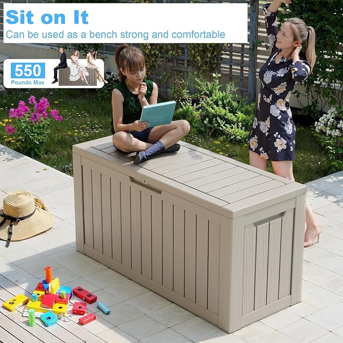 Vixzen 80 Gallon Resin Deck Box, Lockable Outdoor Storage Box for Patio Cushions Storage Furniture,Garden Tools, Pool Supplies, Weatherproof and UV Resistant- Grey