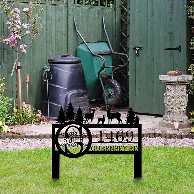 Personalized Deer Custom Garden Address Sign with Metal Stake, Housewarming Gift, Outside Camping Decor