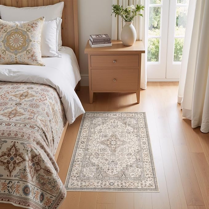 Washable Area Rugs for Living Room -2x3 Neutral Vintage Distressed Floral Farmhouse Boho Large Soft Floor Rug Indoor Non Slip Carpet for Bedroom Dining Room Office - Brown/Multi