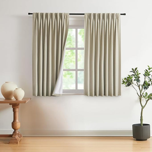Vision Home Sand Pinch Pleated Full Blackout Curtains Linen Blended Room Darkening Window Curtains 63 inch for Living Room Bedroom Thermal Insulated Pinch Pleat Drapes with Hooks 2 Panel 40" Wx63 L