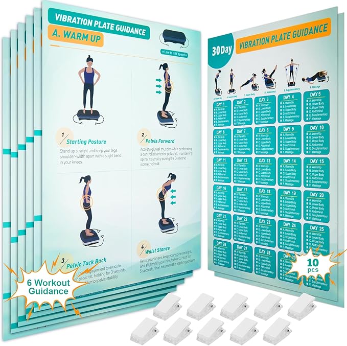 Vibration Plate Exercise Machine Poster - Upgraded 6 Workout Guidance & 10 Pcs Planner & 10 Pcs Double-Sided Clips, Comprehensive Whole Body Wave Vibrating Workout Chart, Pink