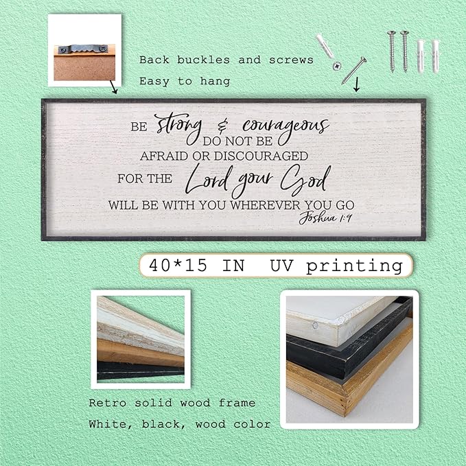 LuZhiQiang Be Strong And Courageous Sign Wall Decor 40"x15" Quote Joshua 1:9 Bible Verse Christian Faith Wood Art Wall (Black)