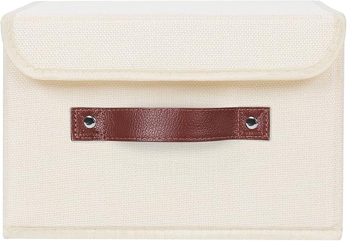 ANMINY Storage Bin with Lid Storage Boxes with PU Leather Handles PP Plastic Board Decorative Foldable Lidded Cotton Linen Fabric Home Cubes Baskets Closet Organizer Container - Beige, Small Size