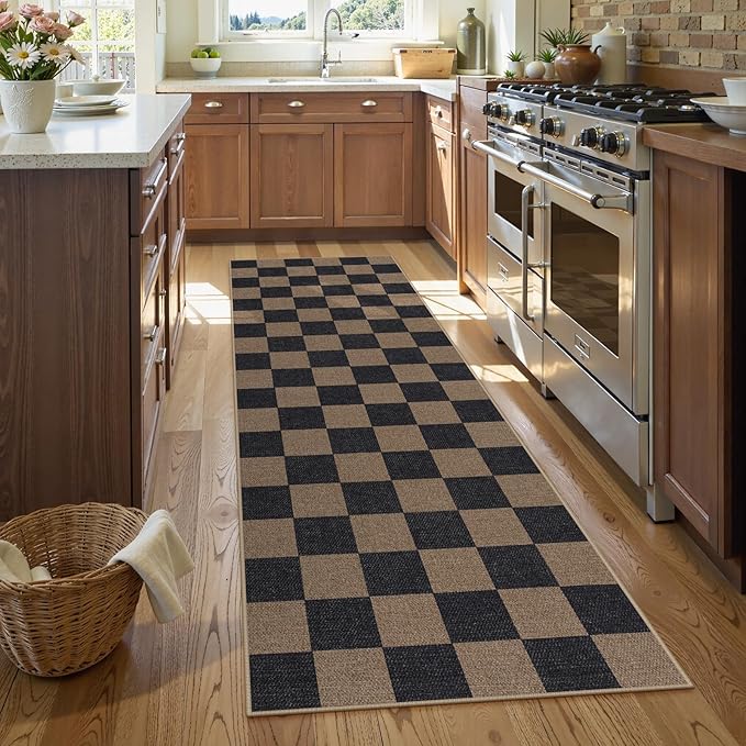 Lahome Checkered Easy Jute 2x8 Runner Rug, Washable Kitchen Runner Rug Non Slip for Entryway Indoor, Checkerboard Black Indoor Outdoor Carpet for Hallway 8ft Entry Laundry Porch