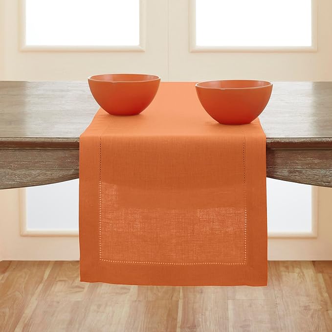 Solino Home Linen Pumpkin Table Runner 72 Inches Long - 100% Pure Linen Hemstitch Table Runner 14 x 72 Inch for Dresser, Dining, Fall, Autumn, Halloween, Thanksgiving - Classic Hemstitch