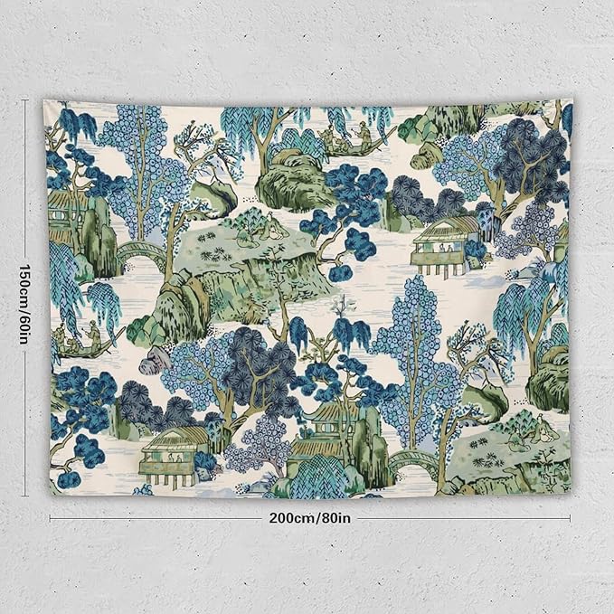 Chinoiserie Tapestry,Asian Watercolor Abstract Art Tapestry,Asian Japanese Wall Tapestry, Nature Landscape Tapestries for Bedroom Living Room Decor 80"x60"