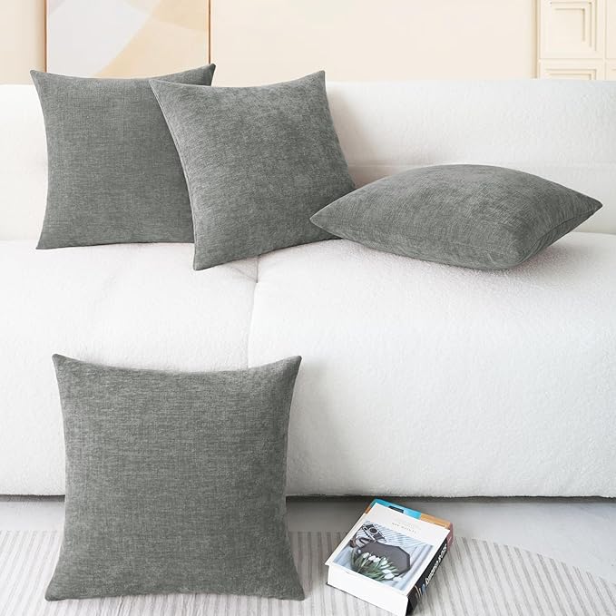 CaliTime Throw Pillow Covers Decorative 18 X 18 Inches Pack of 4 Cozy Chenille Cushion Cases for Couch Sofa Bed Living Room Home Medium Grey