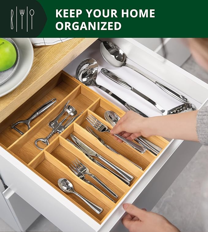 ROYAL CRAFT WOOD Luxury Bamboo Utensil Rack and Silverware Organizer, Kitchen Drawer Organizer - Utensil Holder and Cutlery Tray with Grooved Drawer Dividers for Flatware 7 Slot, Natural
