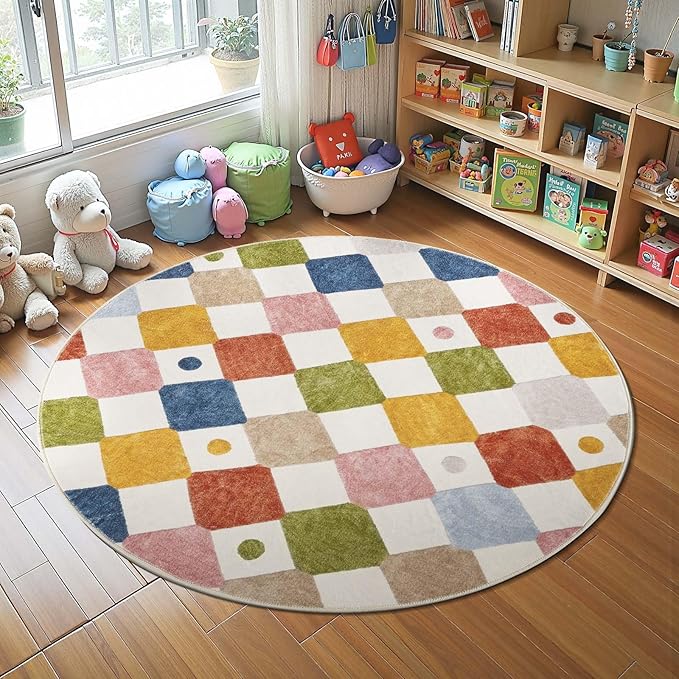 jinchan Round Rug 4ft Kids Washable Rug Indoor Floor Cover Non-Slip Soft Modern Elementary School Classroom Colorful Diamond Carpet for Nursery Daycare Bedroom Playroom Living Room Circus on Cream