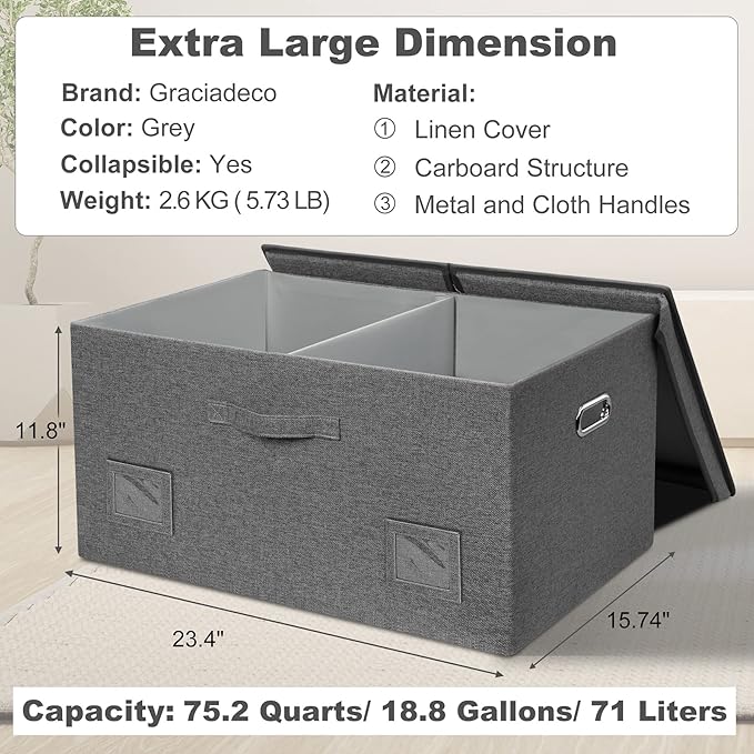 75 Quarts Extra Large Decorative Storage Bins with Lids, 1 Pack Gray Collapsible Storage Bins with Lids, Stackable Storage Bins Decorative Box Storage With Lid Extra Large
