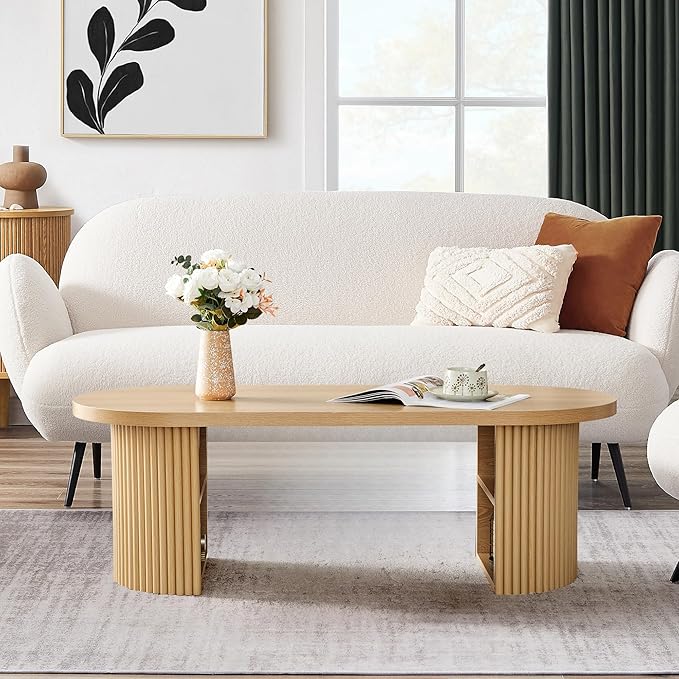 Oval Fluted Coffee Table, 47" Farmhouse Wood Coffee Table Mid Century Modern Center Table Boho Living Room Tables for Living Room Office,Natural