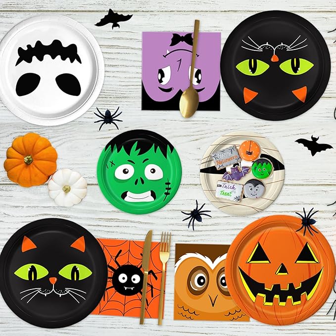 105PCS Halloween Paper Plates Ghosts Pumpkin Skull Spider Web Design for Halloween Party Decorations Supplies, Serves 30