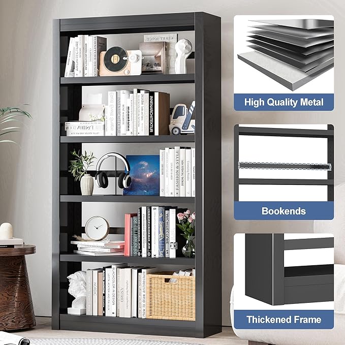 Metal Bookshelf Adjustable - 61" Tall Black Bookcase, 5 Tier Book Shelf, Tooless Assembly Book Case, Modern Bookshelves and Bookcases for Home Office, Living Room, Bedroom, Library