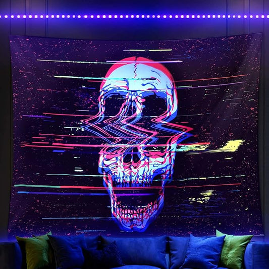 ADDWel Blacklight Skull Tapestry, Black Psychedelic Tapestry Glow In The Dark, UV Reactive Black Light Tapestries Posters Wall Hanging for Room Decor(50 * 60inches)