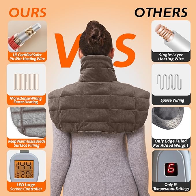 Ruqiji 19" x 24" Weighted Neck&Shoulder Heating Pad, 2.5lbs with 12 Temperature Settings&Countdown timer,Pain Relief for Neck/Shoulders/Menstrual Pain, Christmas Gifts for Women Men Mom Dad(Light Tan)