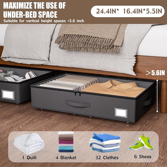 Underbed Storage With Wheels, No Assembly Required - 5.5 Inch Height Black Underbed Bins, Low Profile Rolling Shoe Storage Containers for Dorm