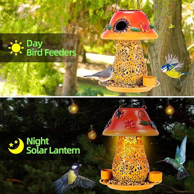 Mushroom Solar Bird Feeders for Outdoors Hanging Metal Wild Bird Feeder Garden Lantern with S Hook for Garden Decoration Orange