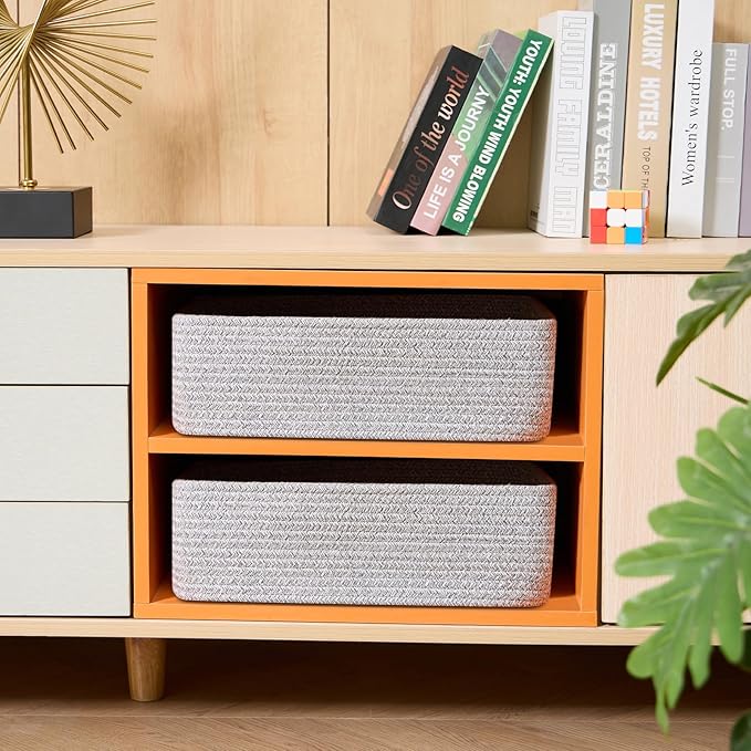 Large Shallow Organizing Baskets 15x11x5.1 Inches - Rope Woven Storage Bins for Bathroom, Shelves, Cube Closet, Mixed Grey 2 Packs