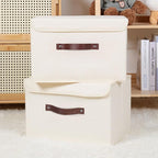 ANMINY Storage Bin with Lid Storage Boxes with PU Leather Handles PP Plastic Board Decorative Foldable Lidded Cotton Linen Fabric Home Cubes Baskets Closet Organizer Container - Beige, Large Size
