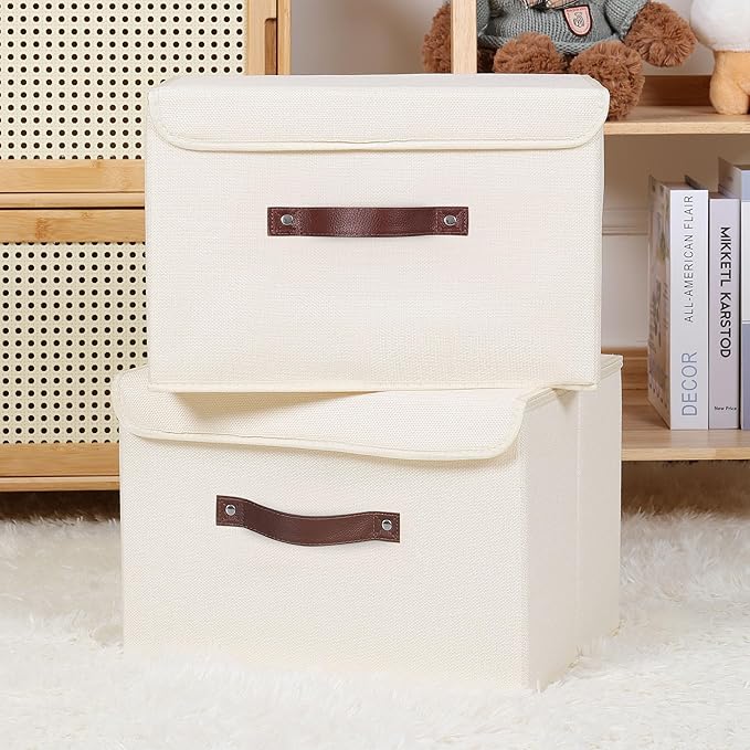 ANMINY 4PCS Storage Bins with Lid PU Leather Handles Storage Boxes PP Plastic Board Decorative Foldable Lidded Cotton Linen Fabric Home Cubes Baskets Closet Organizer Containers - Beige, Large Size