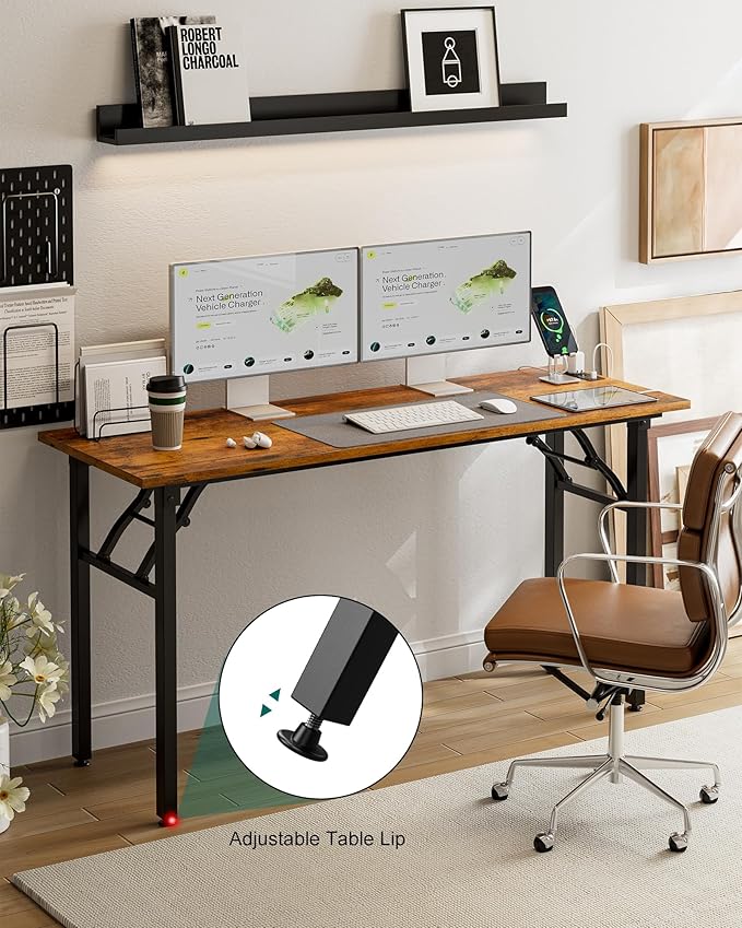 Frylr Small Folding Computer Desk – 55.1 Inch Portable Table for Craft and Study, Lightweight Desk for Small Spaces, Foldable Laptop Table Built-in AC/USB Outlets for Convenience, Rustic Brown