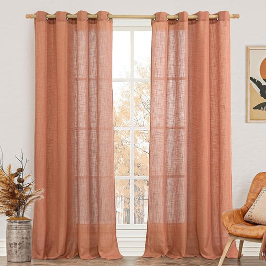 LAMIT Terracotta Linen Sheer Curtains 90 inch for Living Room, Soft Thick Bronze Grommet Light Filtering Boho Window Textured Neutral Fall Decor Drapes for Bedroom, 2 Panels Set, 52 x 90 Inch