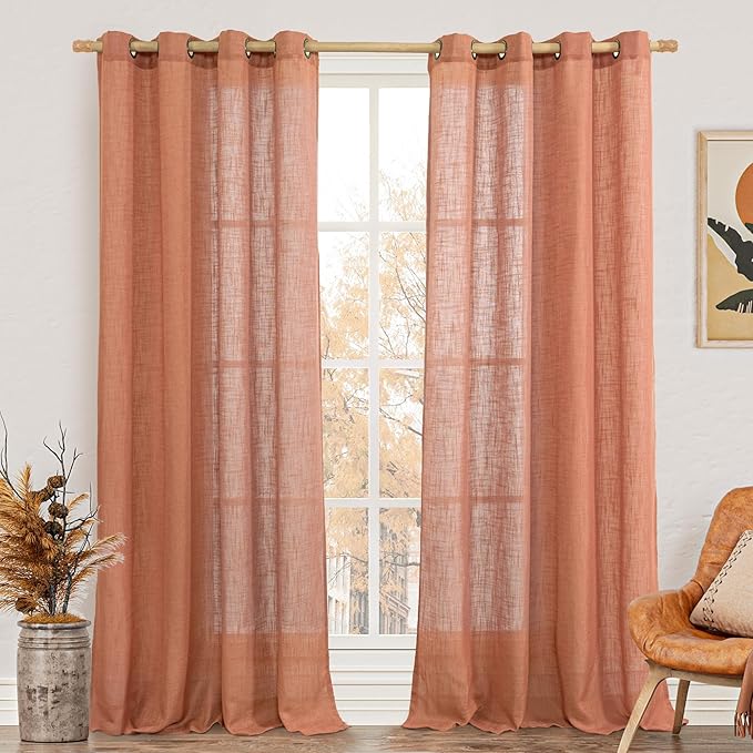 LAMIT Light Filtering Sheer Linen Curtains 102 inches Long, Linen Textured Semi Sheer Bronze Grommet Natural Boho Drapes for Living Room/Farmhouse, 2 Panels, Terracotta, 52 x 102 Inch