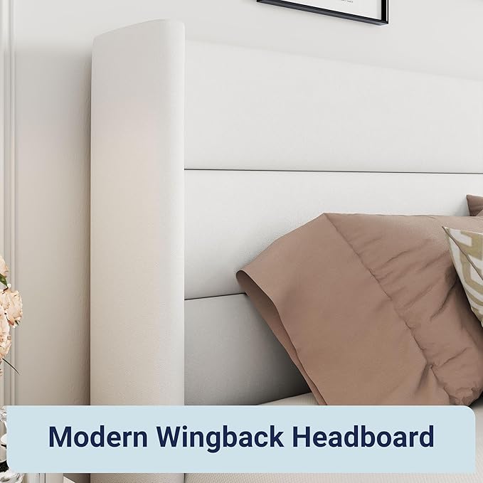 Allewie King Size Velvet Lift Up Storage Bed, Modern Wingback Headboard, Hydraulic Support, No Box Spring Needed, White