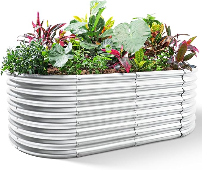 Land Guard 24“ Tall Galvanized Raised Garden Bed Kit, Galvanized Planter Garden Boxes Outdoor, Oval Large Metal Raised Garden Bed for Vegetables (Classic Silver, 4×2×2ft)